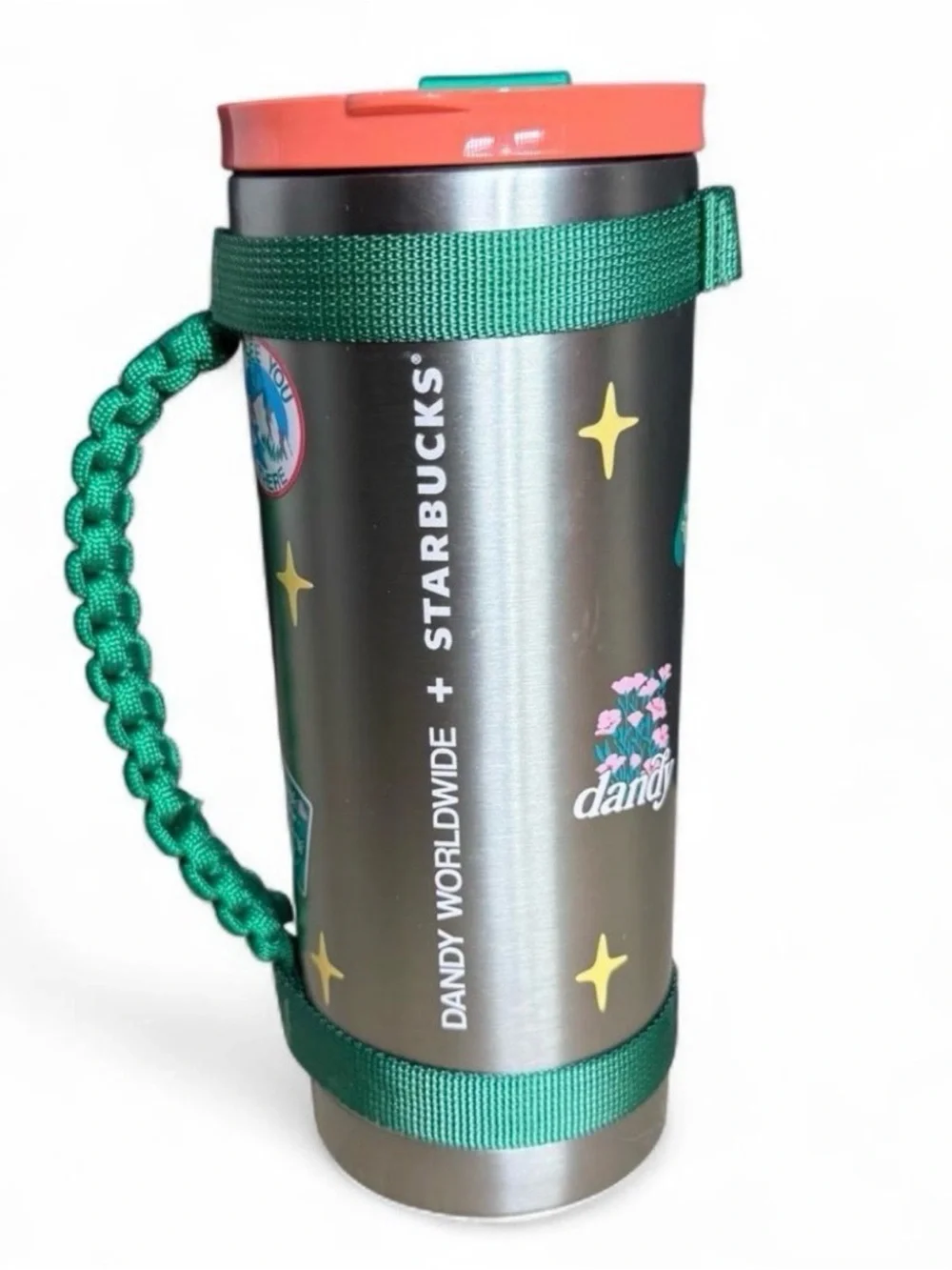 Starbucks x Dandy Stainless Steel Travel Tumbler - Green Strap, Coral Lid 🆕 NWT